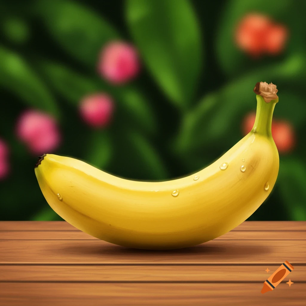 A single ripe yellow banana with water droplets on a wooden surface, with a blurry green and pink floral background.