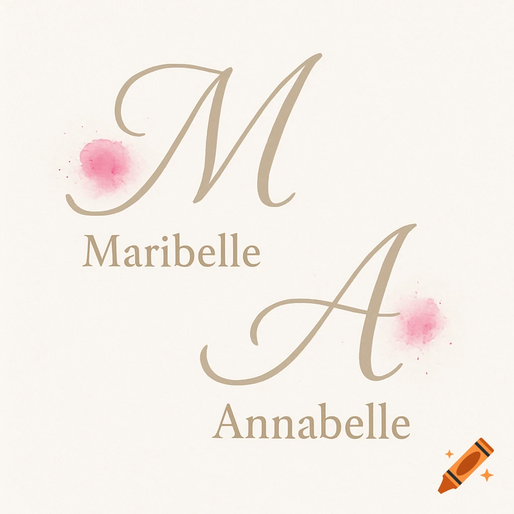 Elegant beige script letters M and A with Maribelle and Annabelle below, adorned with pink watercolor splashes on an off-white background.