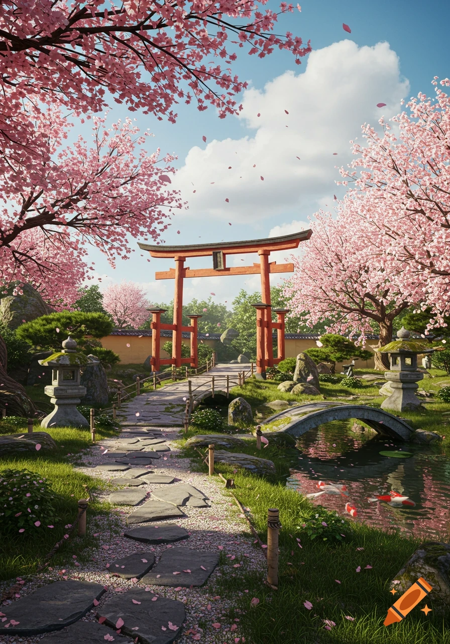 A vibrant Japanese garden with a red torii gate, pink cherry blossom trees, a stone path, and a pond with koi fish.