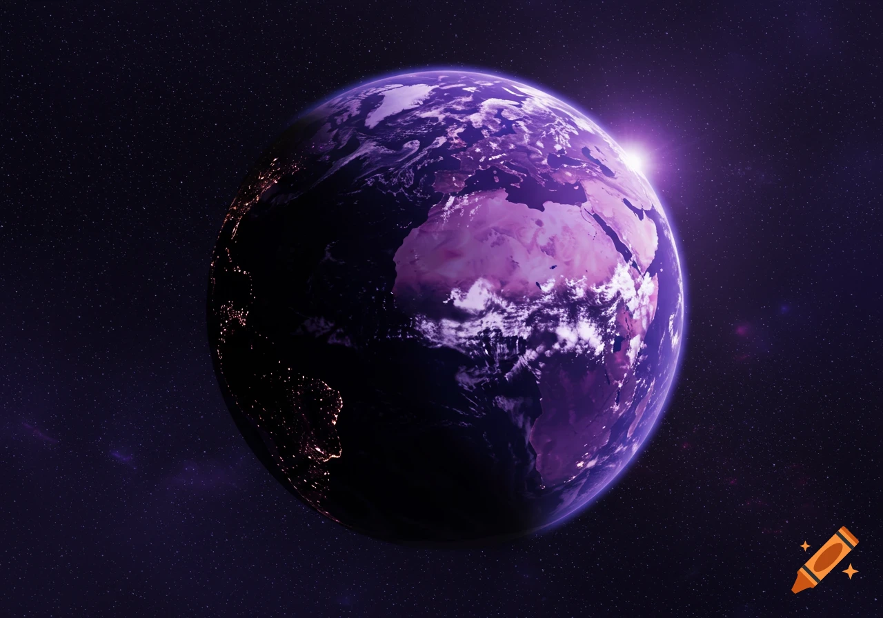 Purple-hued Earth from space with a bright sun peeking over the horizon, city lights visible on the night side.