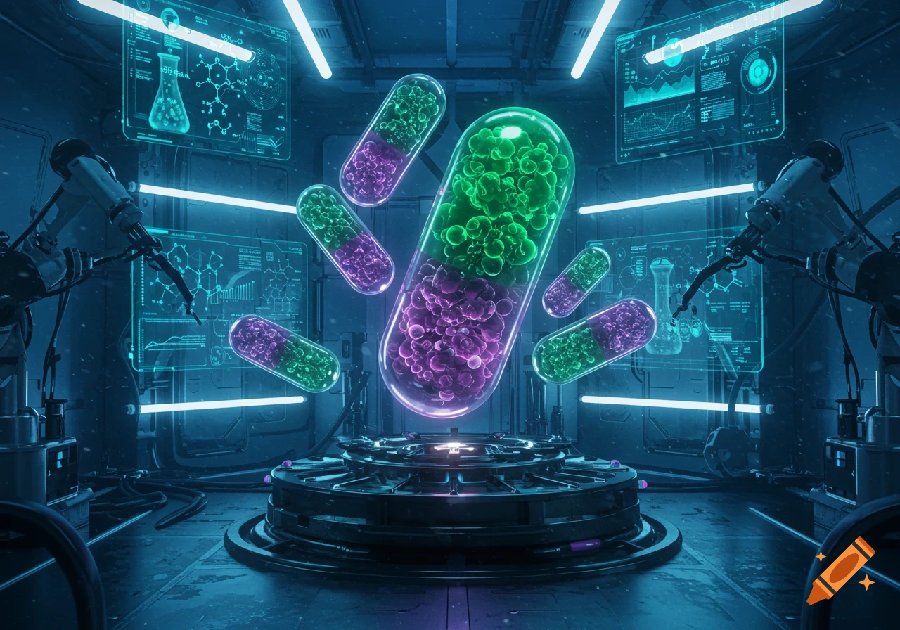 Large glowing green and purple pills float in a futuristic science lab with robotic arms and holographic screens.
