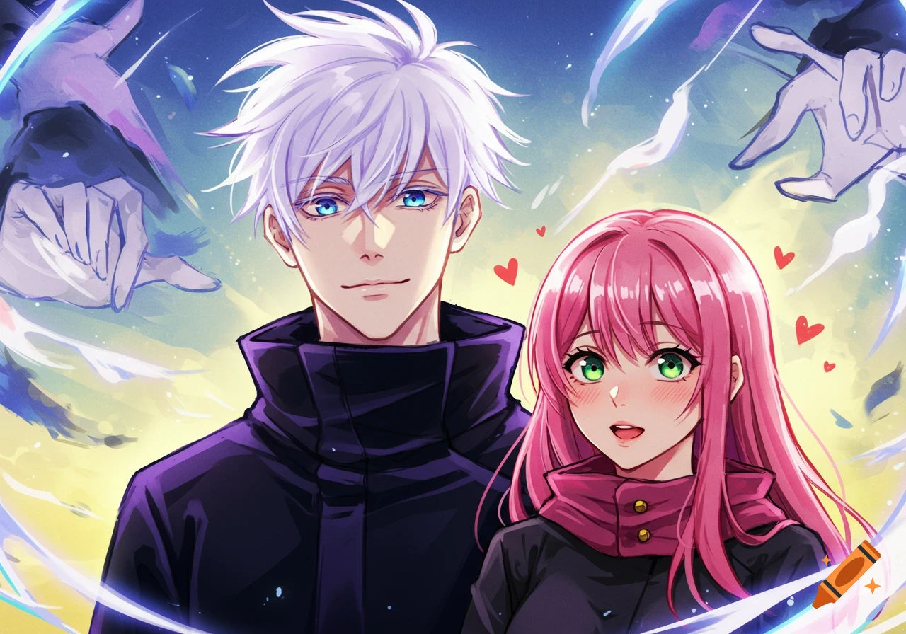 Anime illustration of white-haired Satoru Gojo and a blushing pink-haired woman with hearts, surrounded by glowing hands.