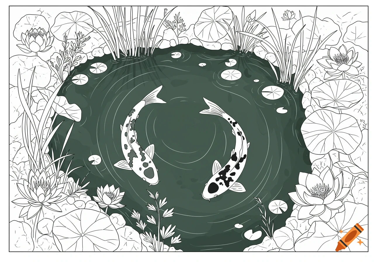 A line art drawing of two koi fish swimming in a pond with lily pads and aquatic plants.
