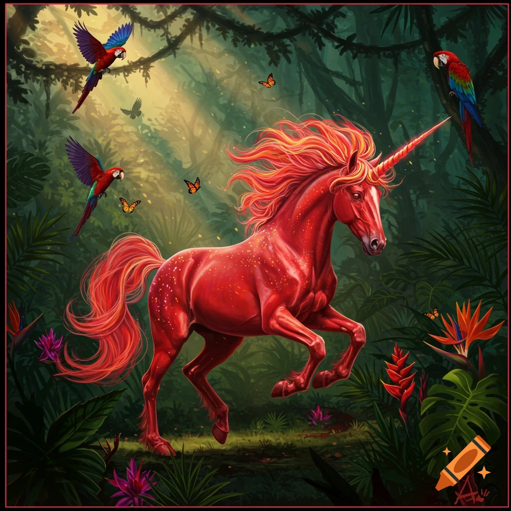 A vibrant red unicorn with a fiery mane prances through a lush, sunlit jungle, accompanied by blue and red macaws and butterflies.