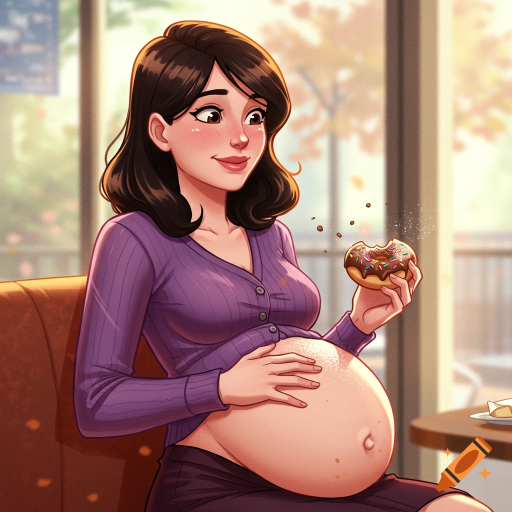 A smiling pregnant woman with a large belly holds a bitten donut, sprinkles falling, in a cartoon style.