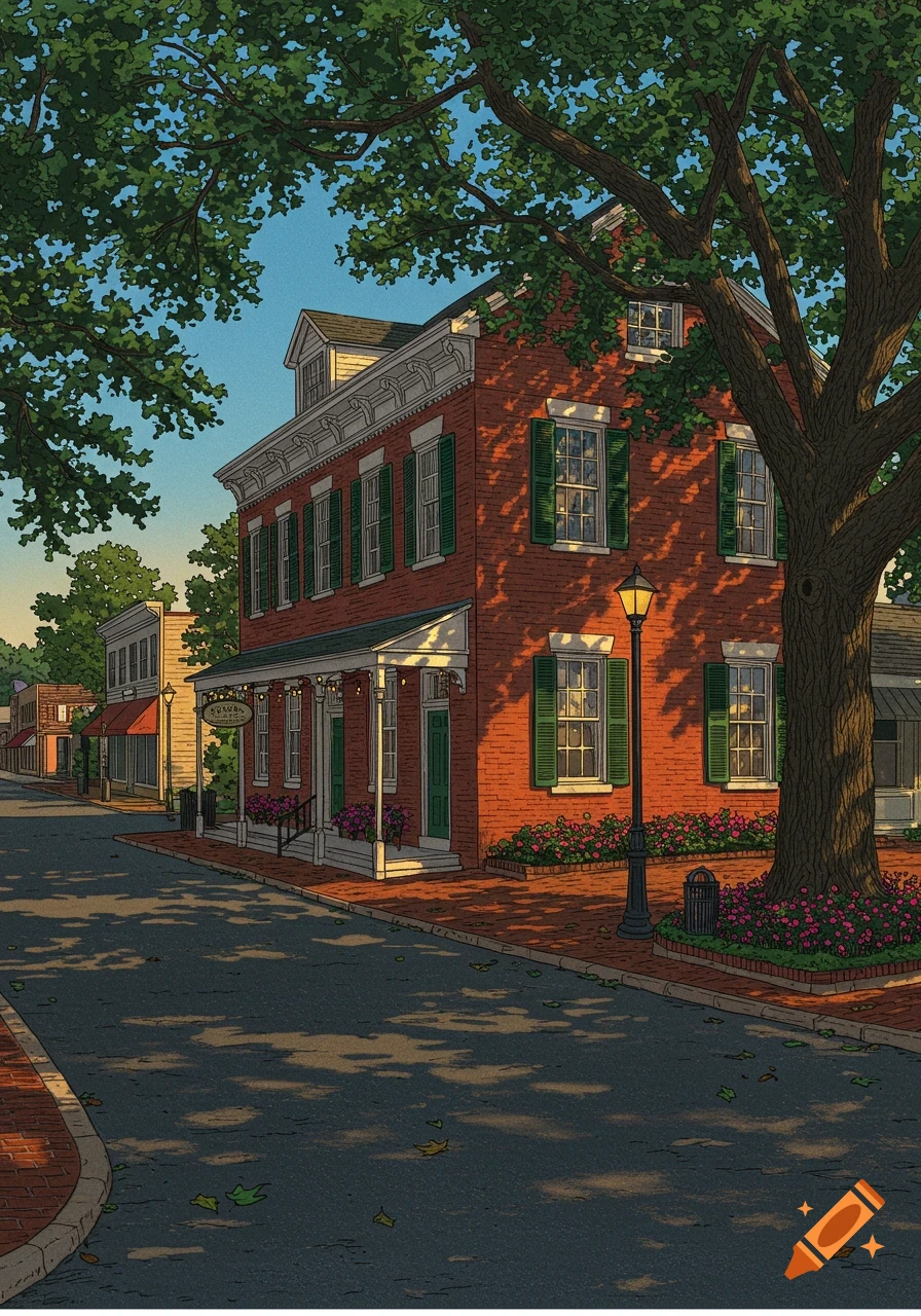 An illustration of a charming brick building with green shutters and a porch, nestled under large trees on a sun-dappled street.