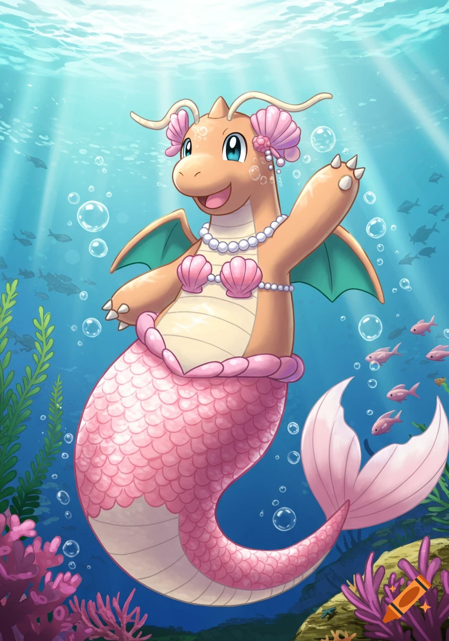 A happy Dragonite with a pink mermaid tail and seashell bra, wearing a pearl necklace, waving underwater in anime style.