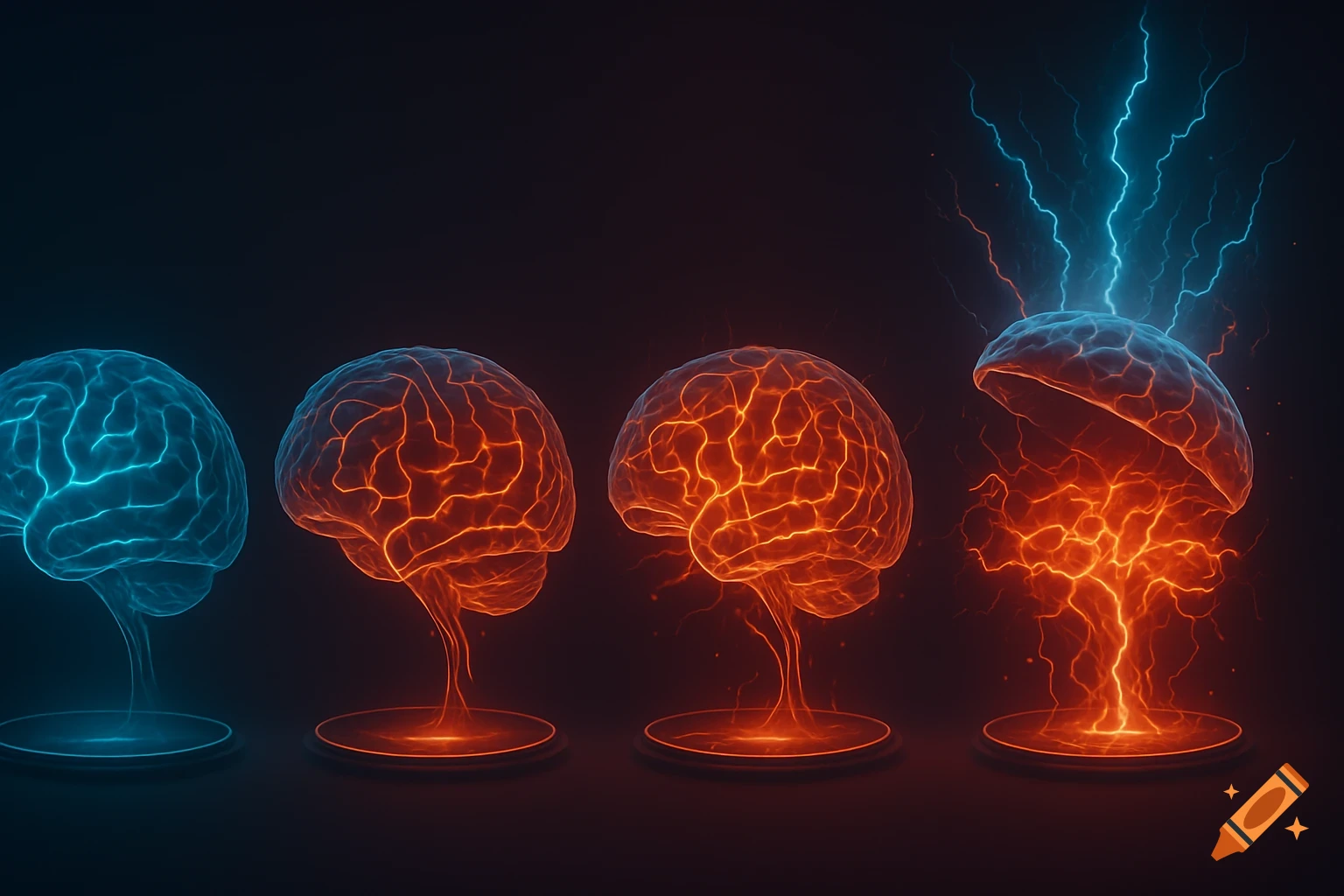 Four glowing stylized brains on a dark background, showing a progression from calm blue to an active, splitting orange brain emitting blue lightning.