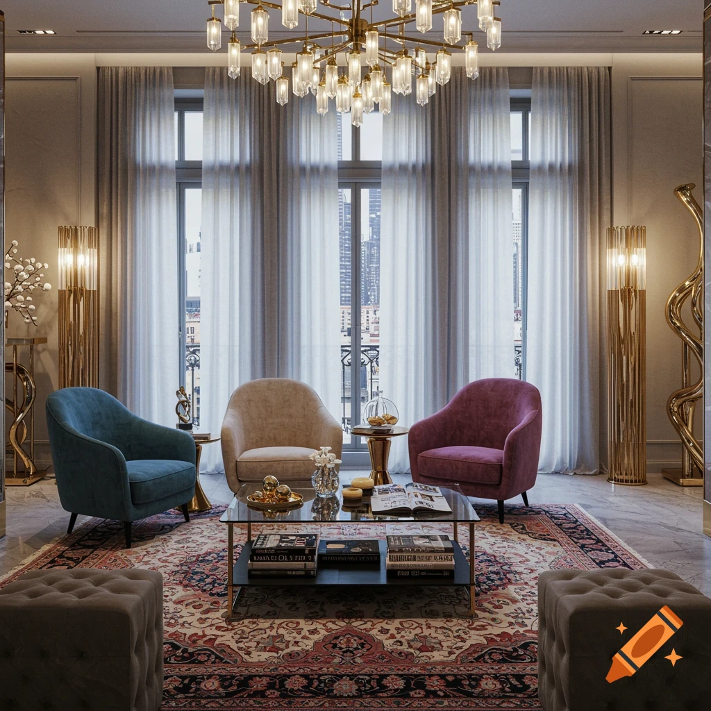 A modern luxury living room with a large chandelier, three armchairs, a glass coffee table, and an ornate rug.