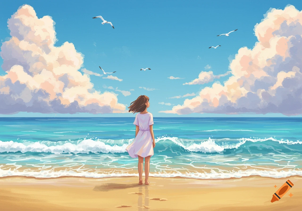 Anime illustration of a girl in a white dress standing on a beach, looking out at the ocean under a blue sky with clouds and seagulls.