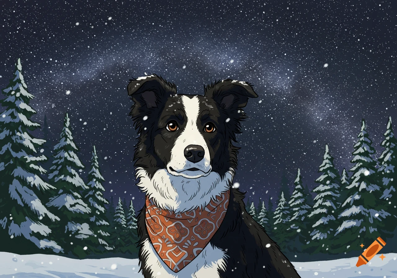 A comic book style Border Collie wearing an orange bandana stands in a snowy forest at night with falling snow and bright stars.
