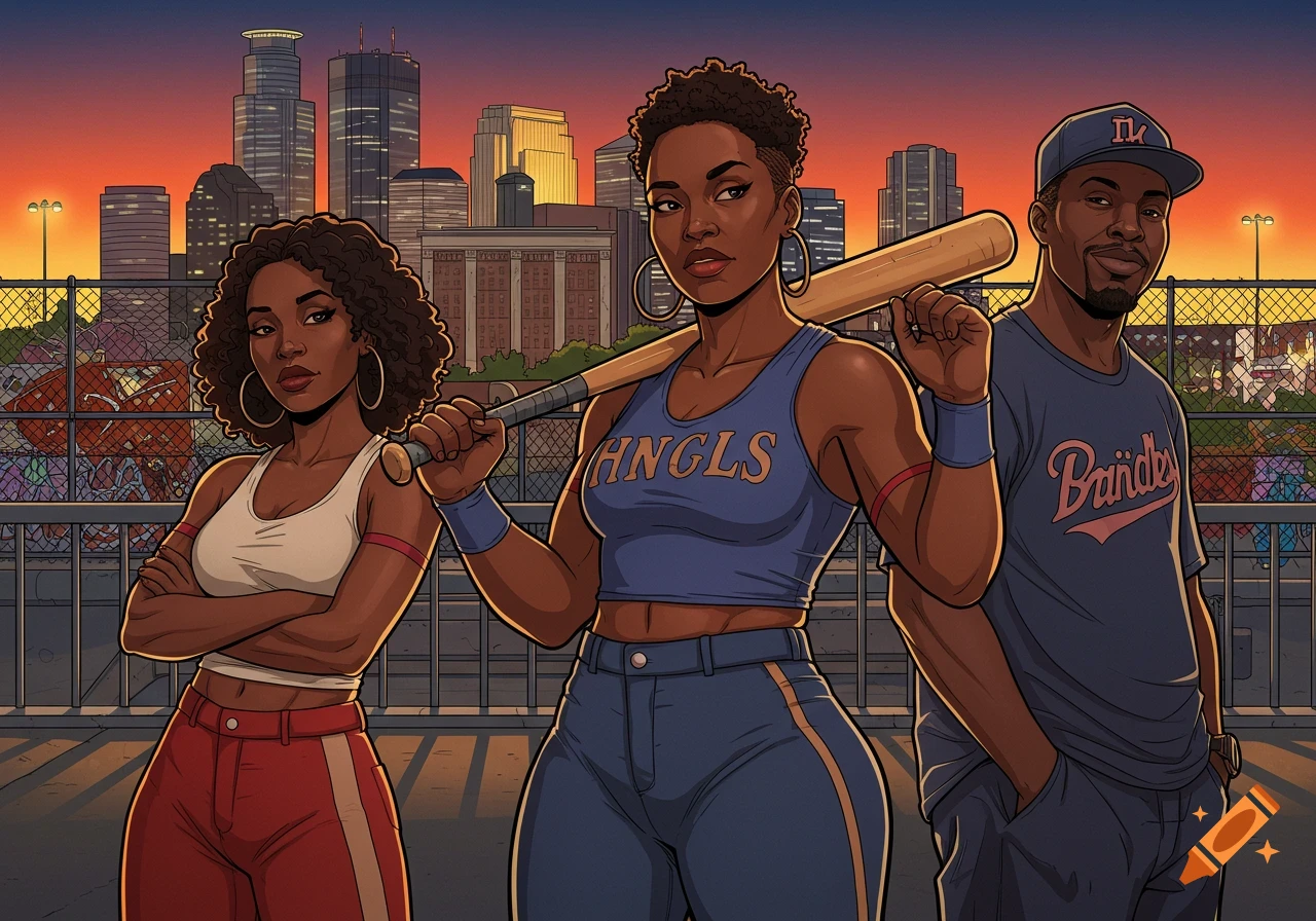 Three Black individuals in a comic art style against an urban skyline at dusk. A woman holds a baseball bat, flanked by another woman and a man.