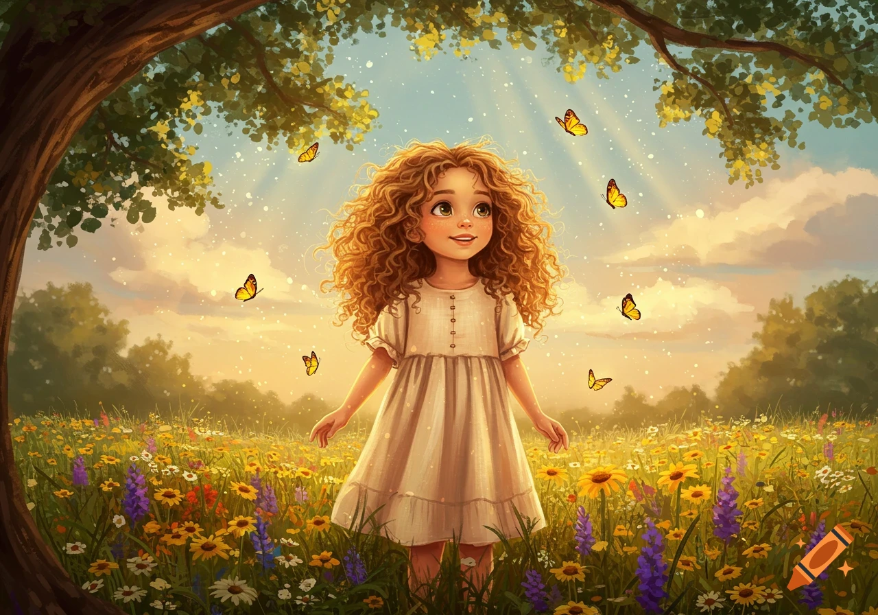 A young girl with curly hair stands in a sunny wildflower meadow with butterflies flying around her under a large tree.