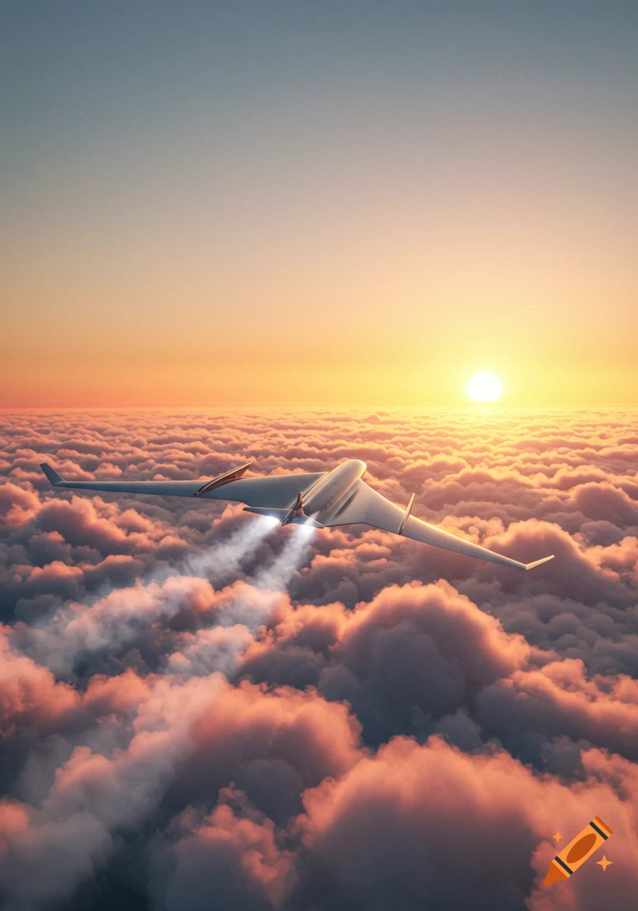A futuristic airplane flies high above a sea of pink and white clouds during sunset, with the sun low on the horizon.
