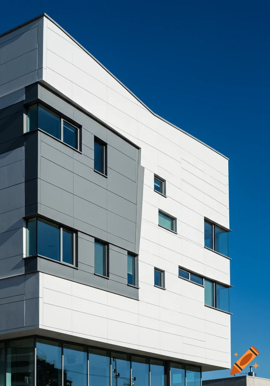 A modern building facade with white and grey panels and reflective windows against a clear blue sky, photorealistic style.