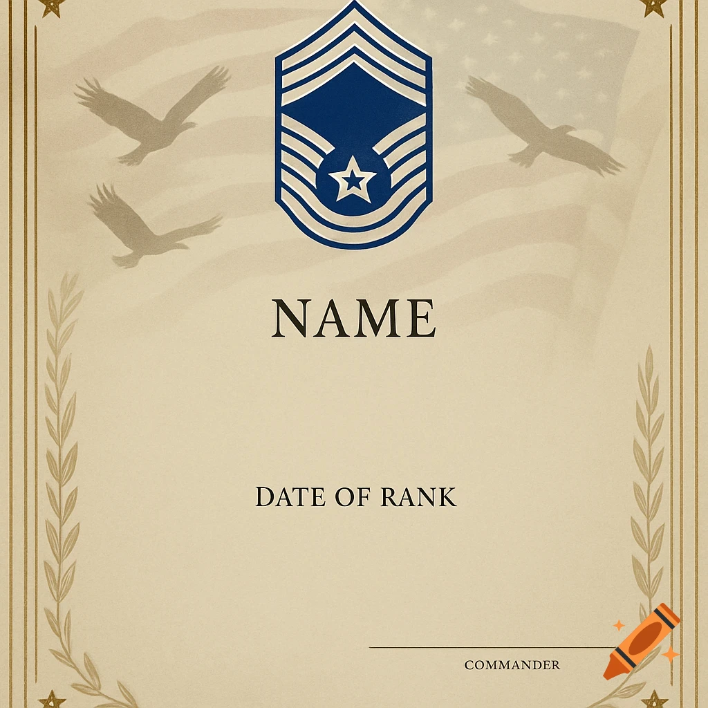 An elegant military certificate background featuring the United States Air Force Chief Master Sergeant rank insignia, eagles, and text placeholders.