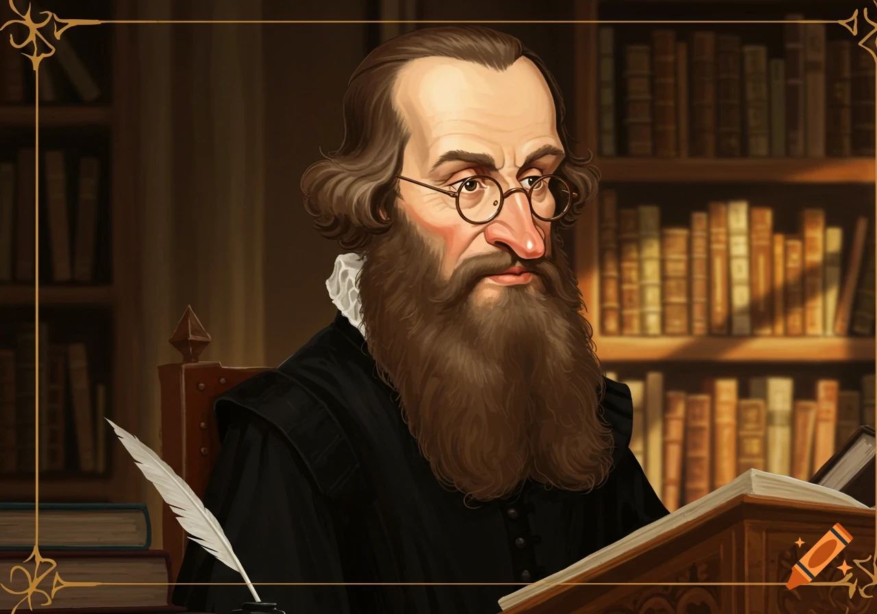 A caricature portrait of a bearded man with glasses, wearing a dark robe, reading a book in a library with bookshelves.