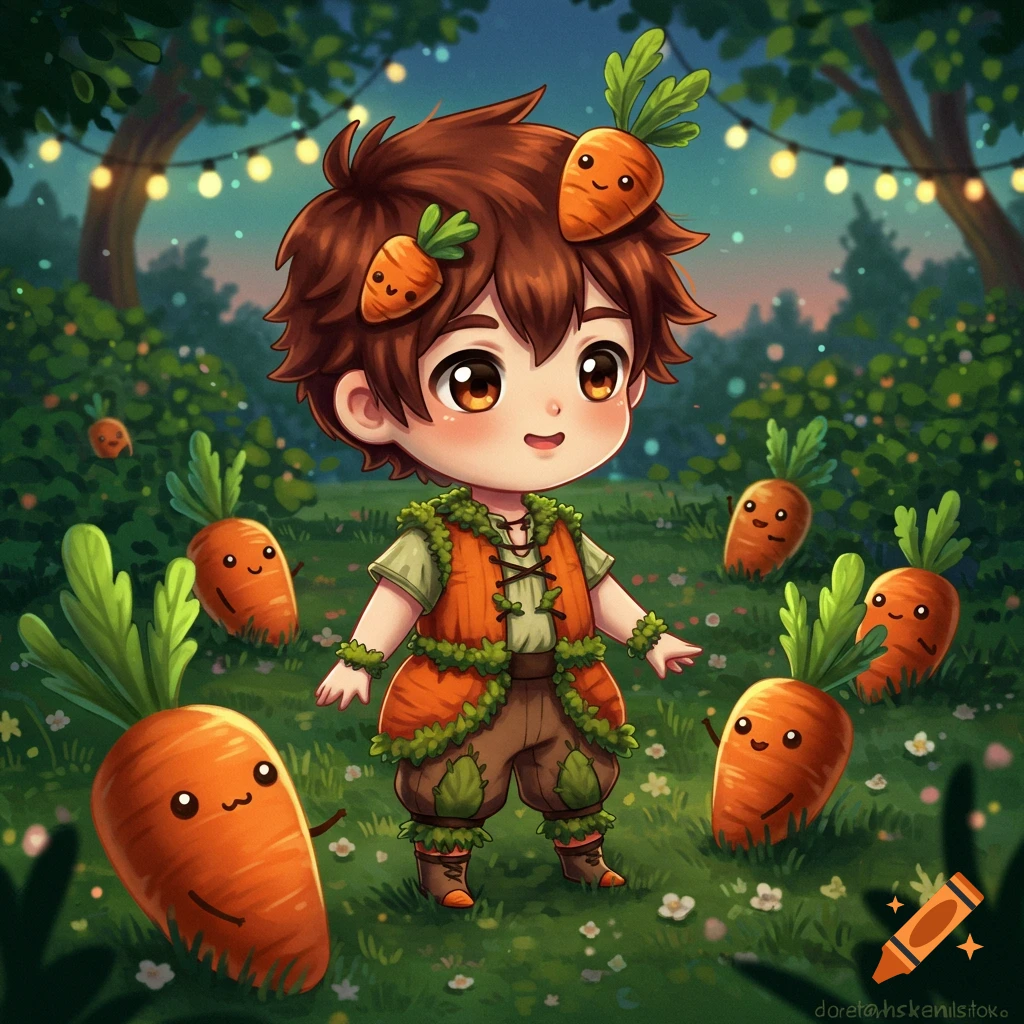 A cute anime boy with carrot decorations in his hair and clothing stands in a magical garden surrounded by smiling carrots.