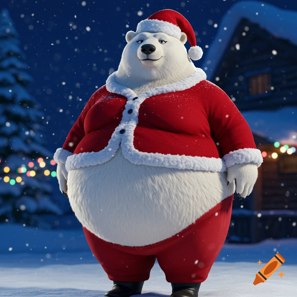 A stylized CGI bipedal female polar bear dressed as Santa Claus stands in a snowy winter scene.