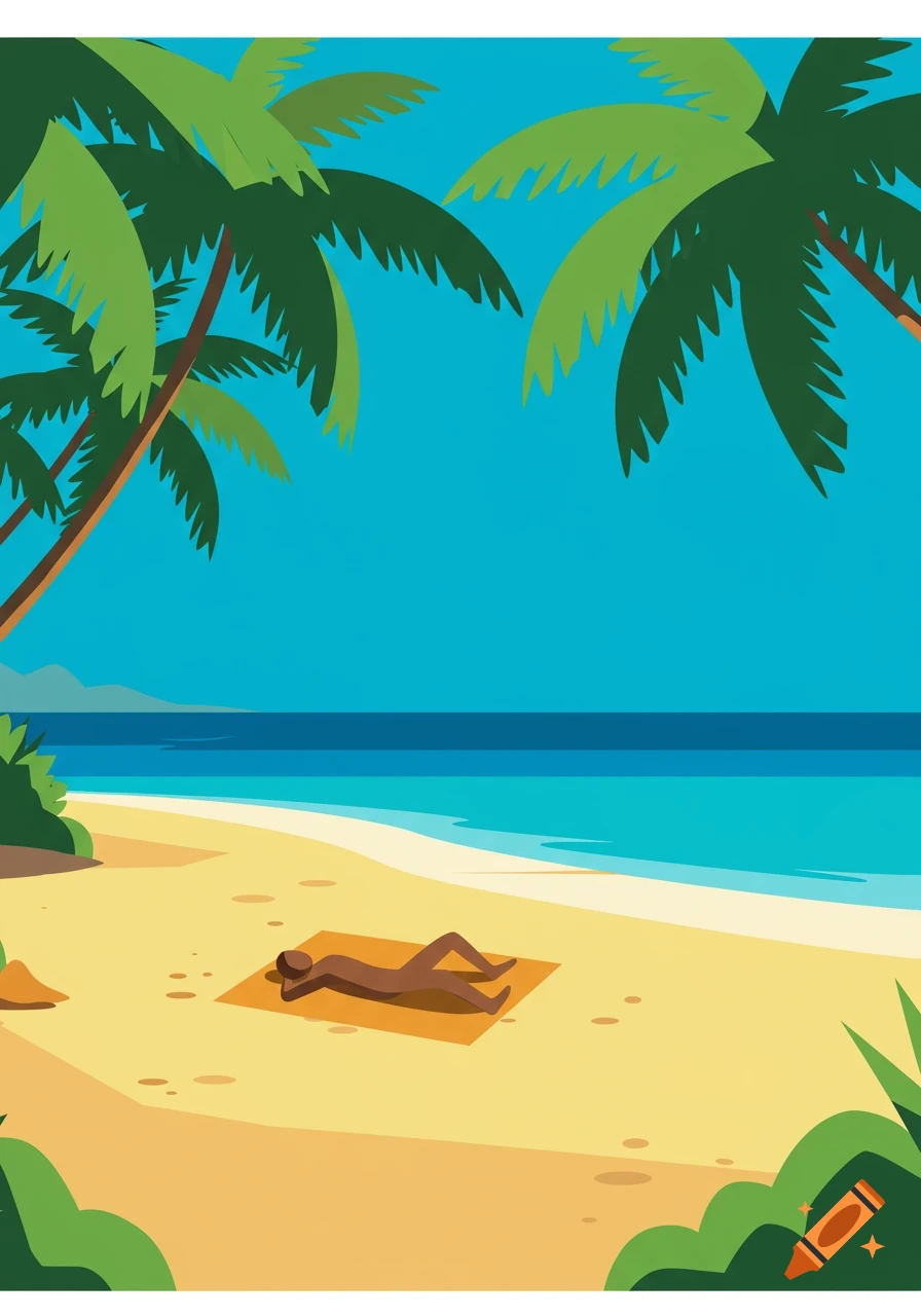 A stylized illustration of a person sunbathing on a sandy beach under palm trees with blue ocean and sky.