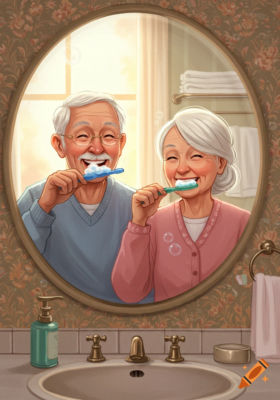 An elderly man and woman happily brush their teeth reflected in an oval bathroom mirror, cartoon illustration.