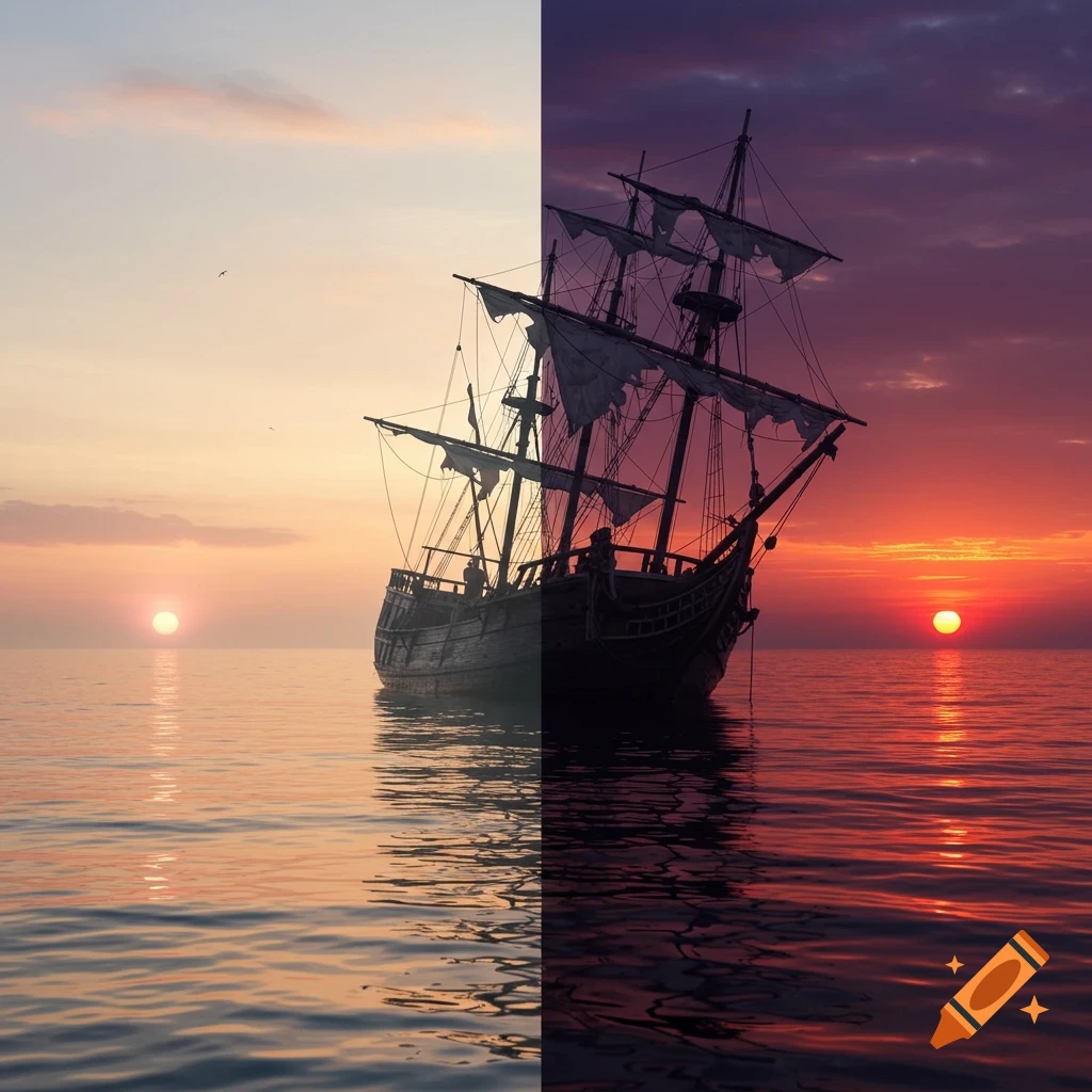 A photorealistic image of an ancient sailing ship on a split sea, left side with a golden dawn, right side with a dramatic red sunset.