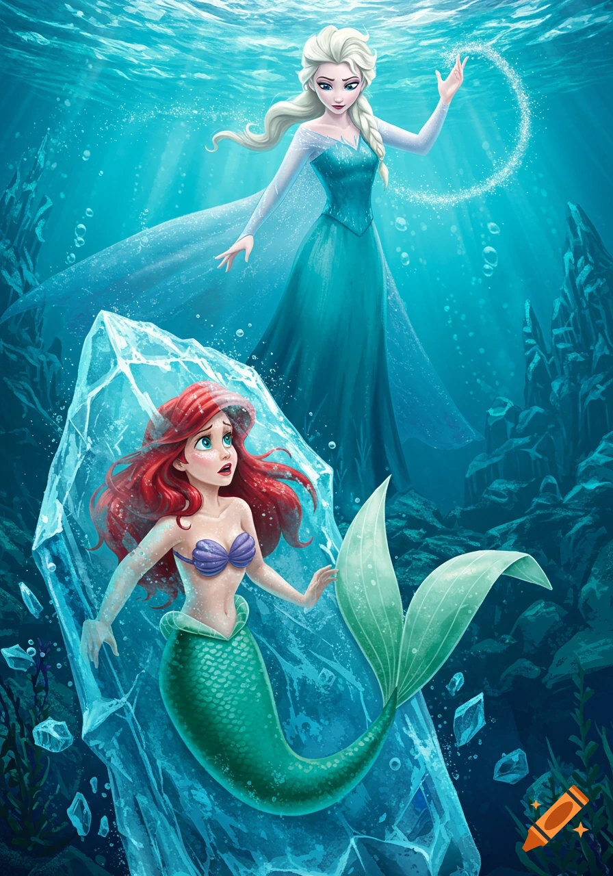 Elsa creates ice around Ariel underwater in a dramatic animated scene.