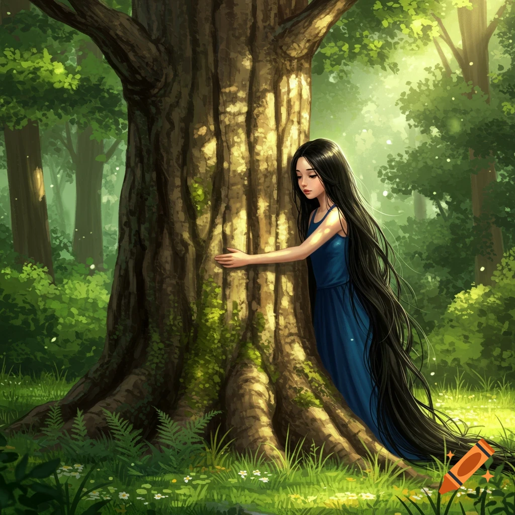 A girl with long black hair and a blue dress gently embraces a large tree in a sunlit forest, illustrated style.