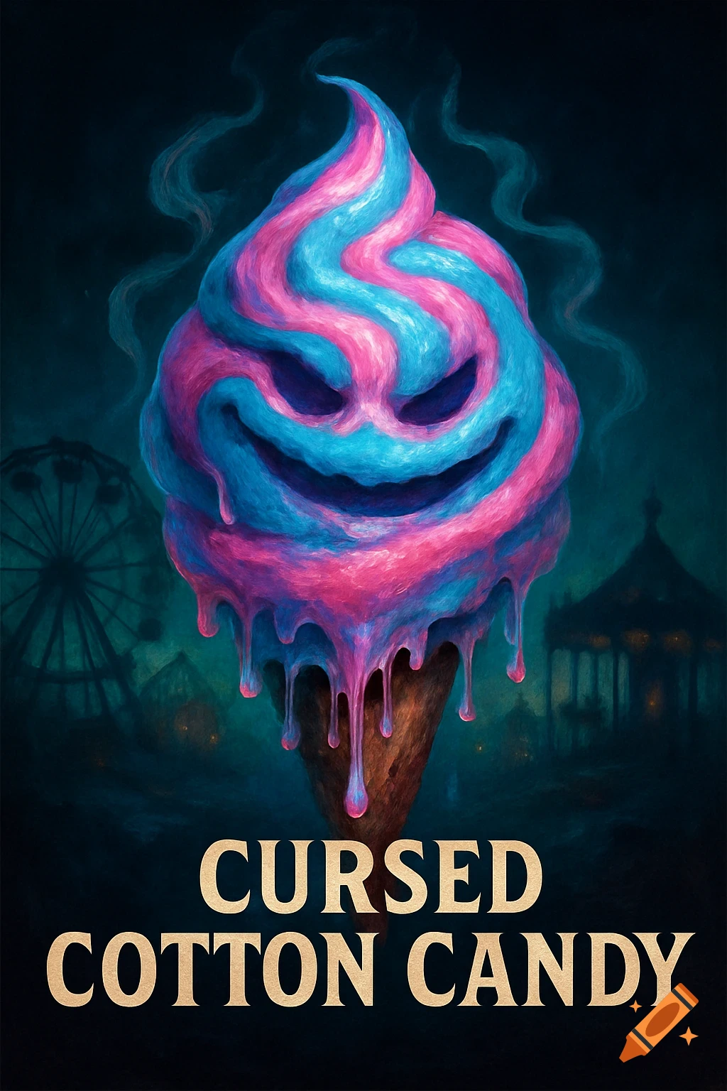A sinister pink and blue cotton candy in a cone, melting with dark drips, against a dark carnival background with a ferris wheel and gazebo. Text reads "Cursed Cotton Candy".