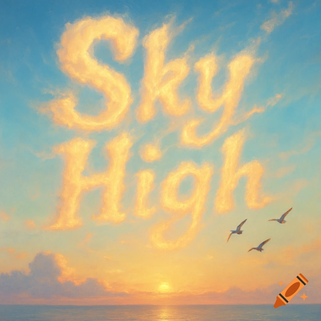 The words "Sky High" formed by bright clouds in a sunset sky over the ocean with three birds flying.