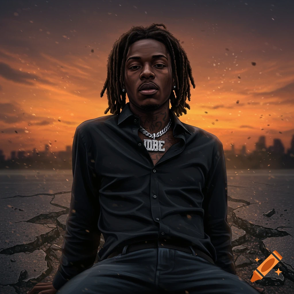 A serious African American man with dreadlocks and a black shirt wearing a large silver necklace, against an orange sky with a city in the distance and cracked ground.