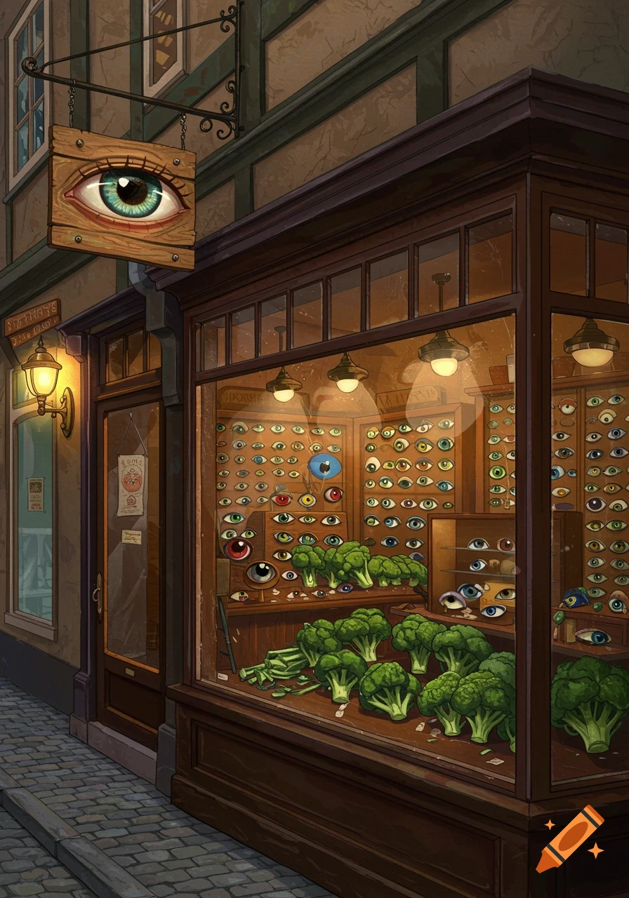 A whimsical shop on a cobblestone street, its window filled with countless glass eyeballs and piles of green broccoli, under a sign with a large eye.
