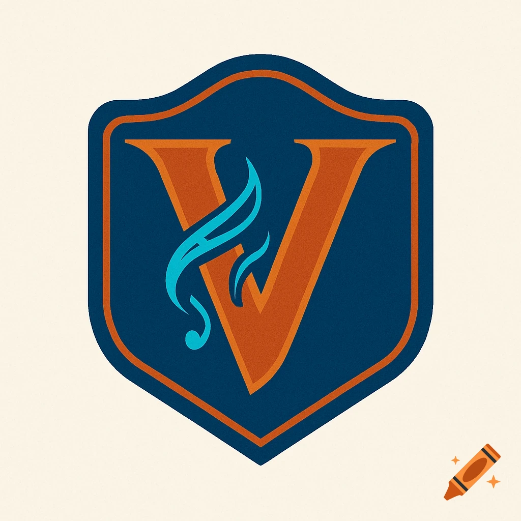 A stylized capital 'V' in burnt orange with teal flowing accents, set within a dark blue shield with an orange border.