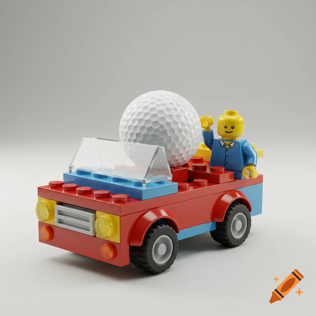 A red and blue Lego car with a white golf ball in the back and a yellow Lego minifigure waving from the passenger seat.