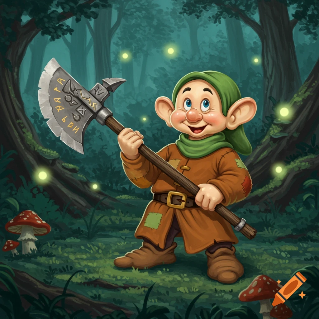Cartoon Dopey-like character with a green hat and brown tunic holding a battle axe in a magical forest with fireflies.