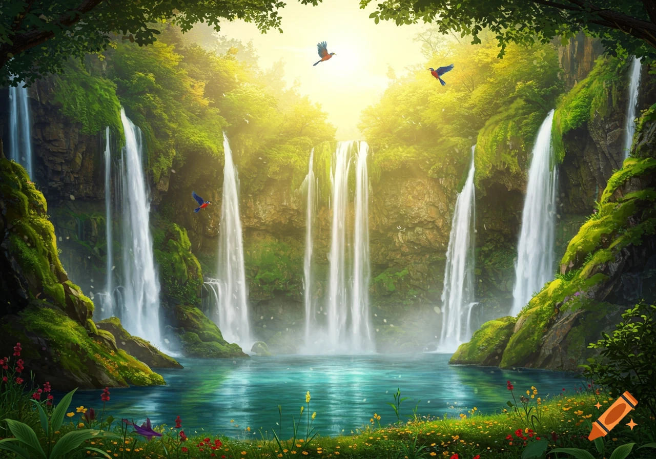 Vibrant natural landscape with multiple waterfalls cascading into a blue-green pool, surrounded by lush green foliage, with colorful birds flying.