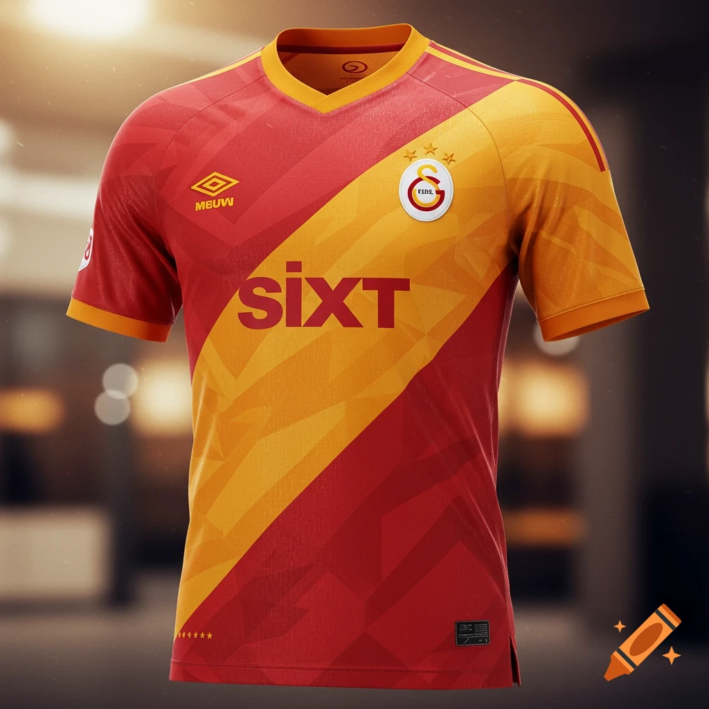 A red and yellow soccer jersey with a diagonal stripe pattern and the "sixt" logo. The jersey has a V-neck and short sleeves, displayed against a blurred background.