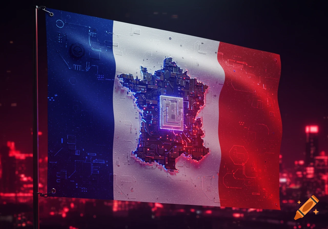 A French flag with a glowing, circuit-board-like map of France as its emblem, set against a dark, futuristic cityscape.