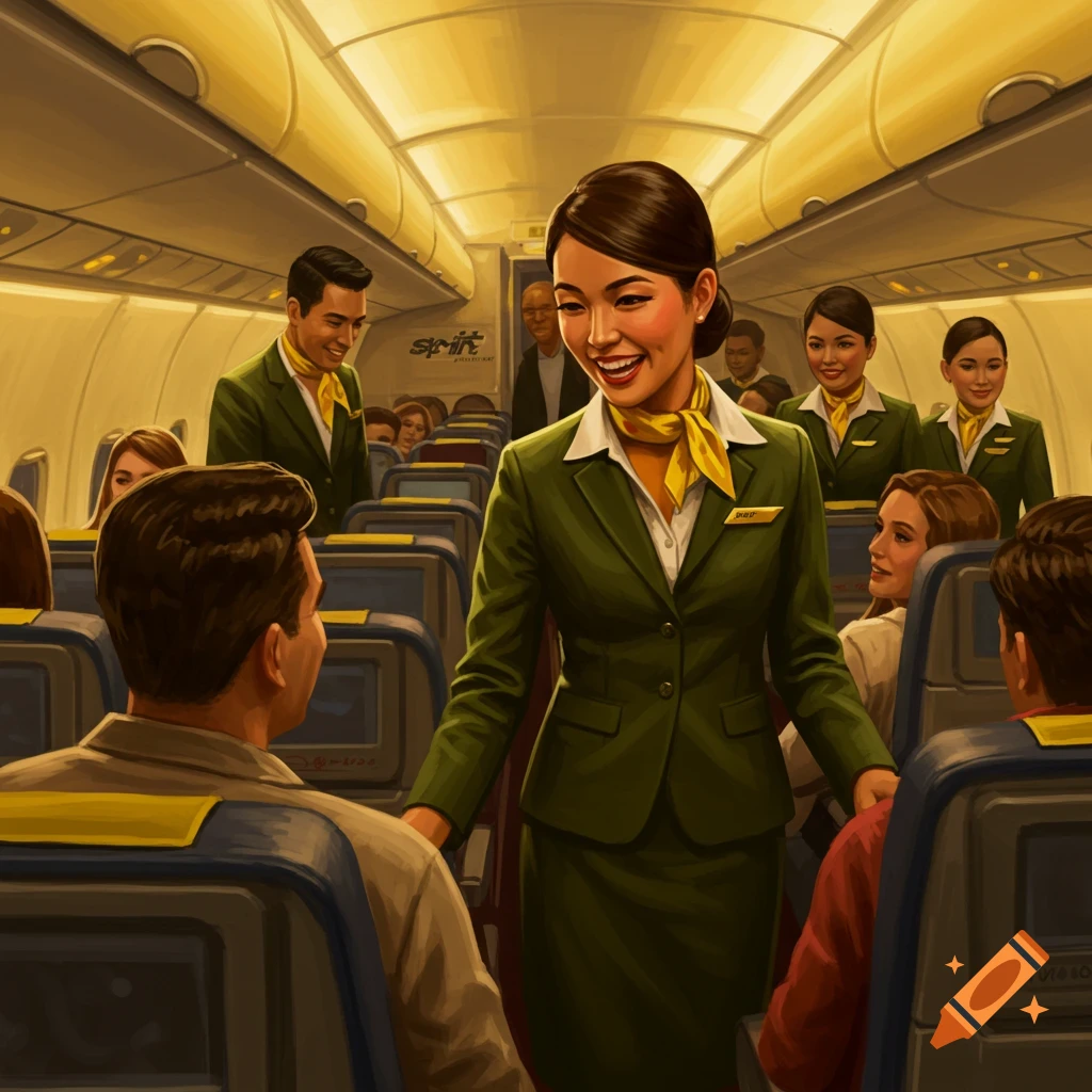 A smiling flight attendant in a green uniform interacts with a passenger in an airplane cabin. Other passengers and crew are visible.