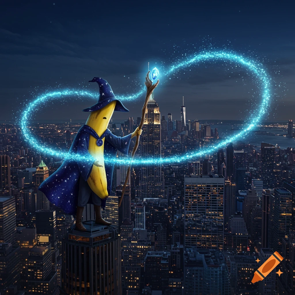 A whimsical banana wizard, wearing a starry blue robe and hat, stands atop the Empire State Building at night, casting sparkling blue magic from a staff.
