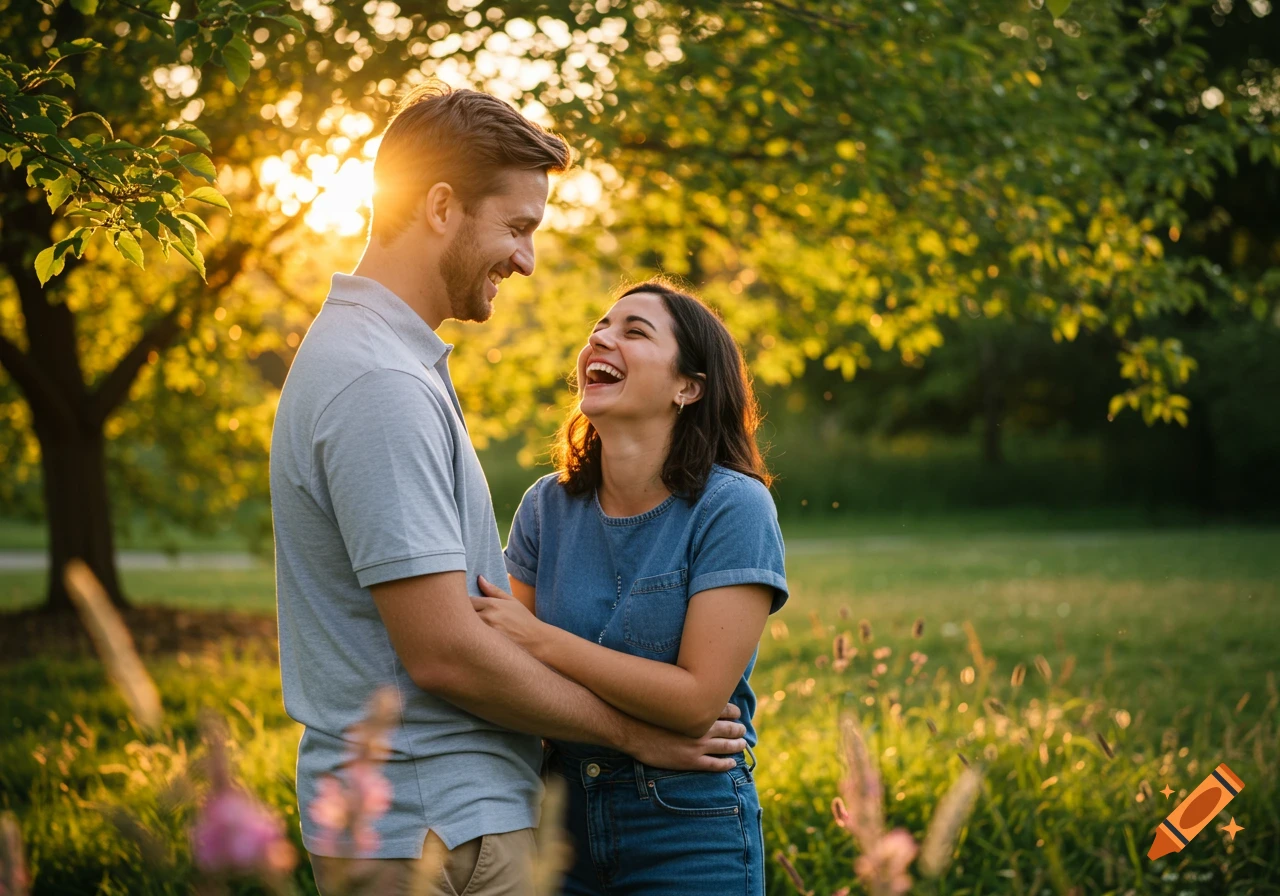 A smiling couple embraces in a sunlit park at sunset, surrounded by green trees and grass.