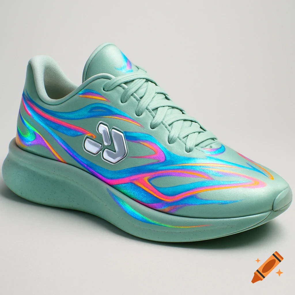 A modern light green sneaker with vibrant iridescent flame patterns in blue, pink, and orange, and a silver minimalistic logo on the side.