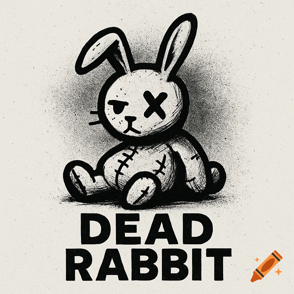 Black and white stylized illustration of a sitting rabbit plush toy with an X for one eye and stitches, above 'DEAD RABBIT' text in a gritty style.