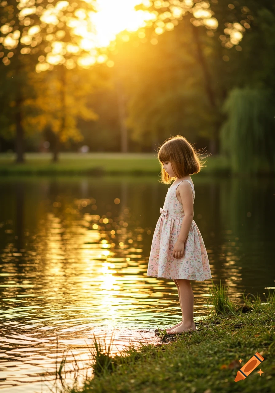 A young girl in a floral dress stands barefoot at the edge of a pond, bathed in golden sunset light.