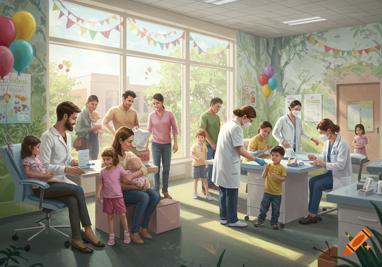 Families, including young children and babies, are in a brightly lit clinic receiving vaccinations from medical staff. Balloons and decorations suggest a friendly environment.