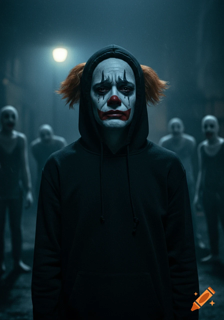 A person in a black hoodie with sad clown makeup and orange hair stands in a dark, rainy street with blurry, ghostly figures behind them.