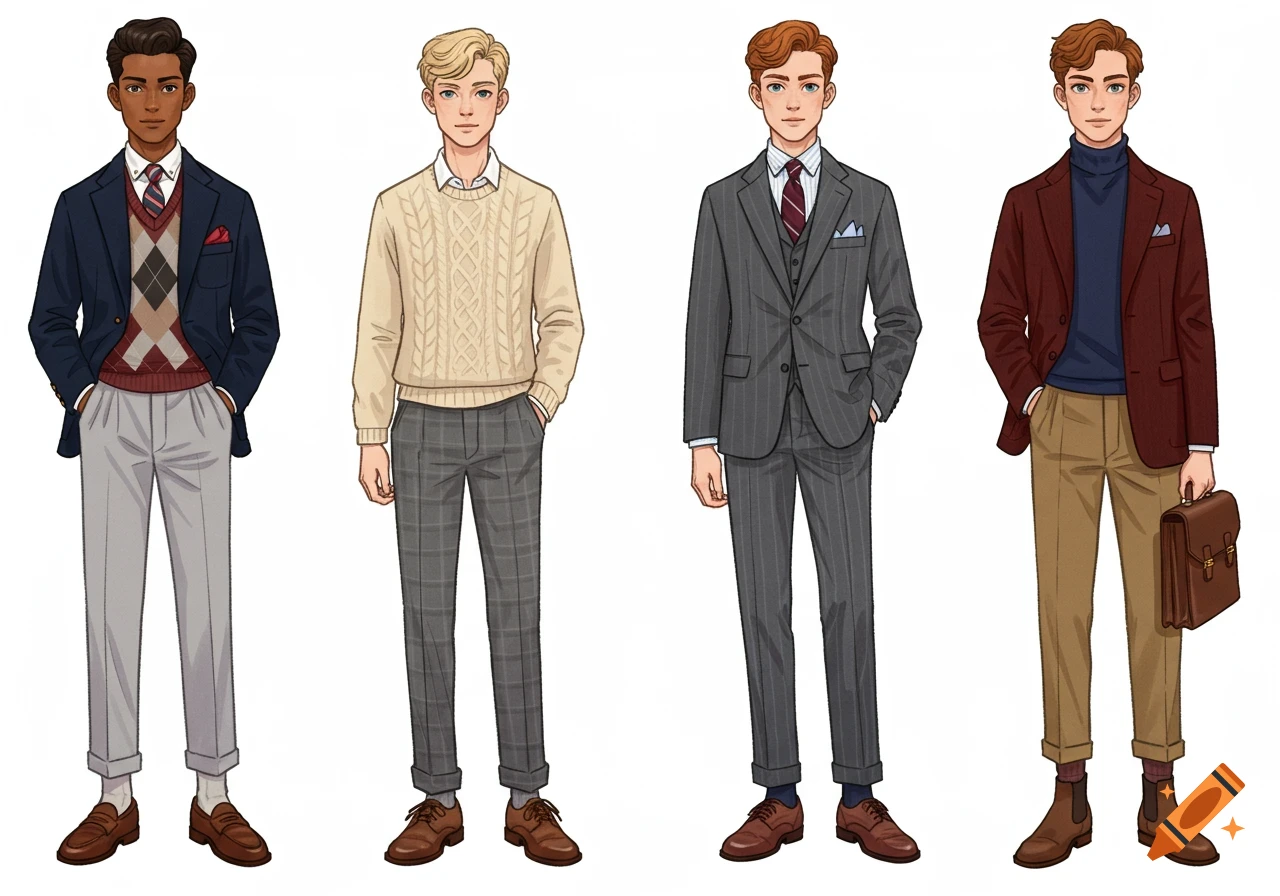 Four cartoon male characters in various preppy outfits standing in a row on a white background.