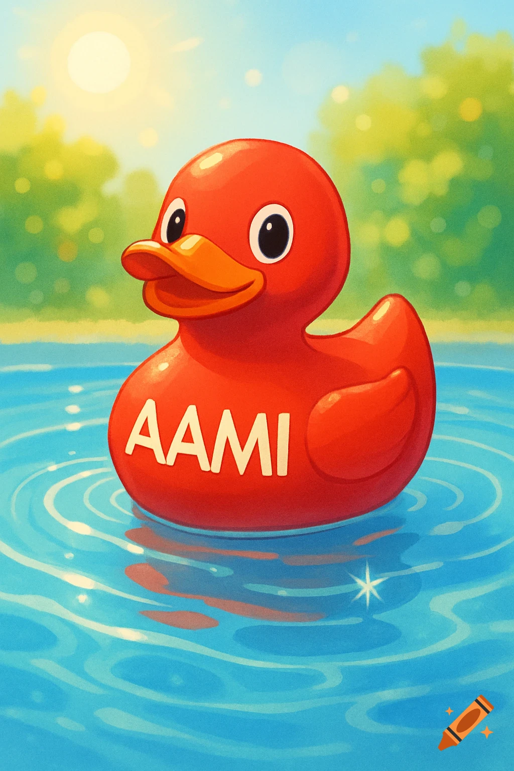 A vibrant red rubber duck with AAMI written on its chest floats in blue water under a sunny sky with green trees.