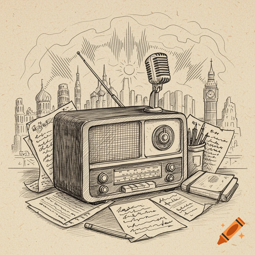 Sketch of a vintage radio and microphone surrounded by papers with a city skyline in the background.