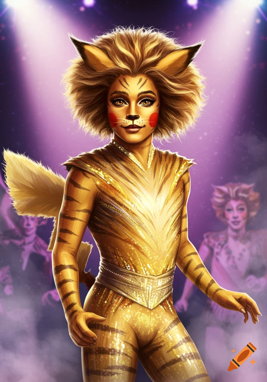 A human-like character in a sparkly gold and brown striped cat costume with large hair and ears stands on a stage with purple lights.